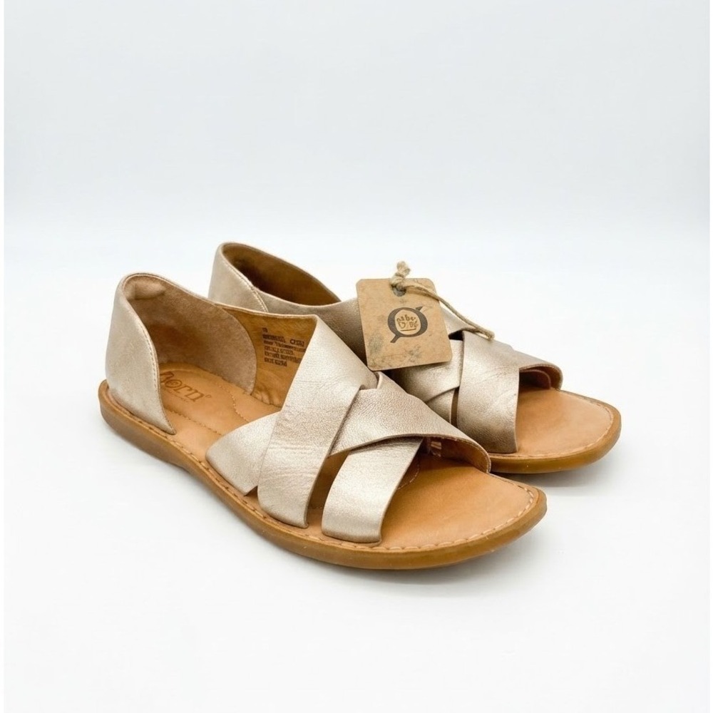 Born Iwa Champagne Metallic Leather Crisscross Flat Women's Sandals Size 8